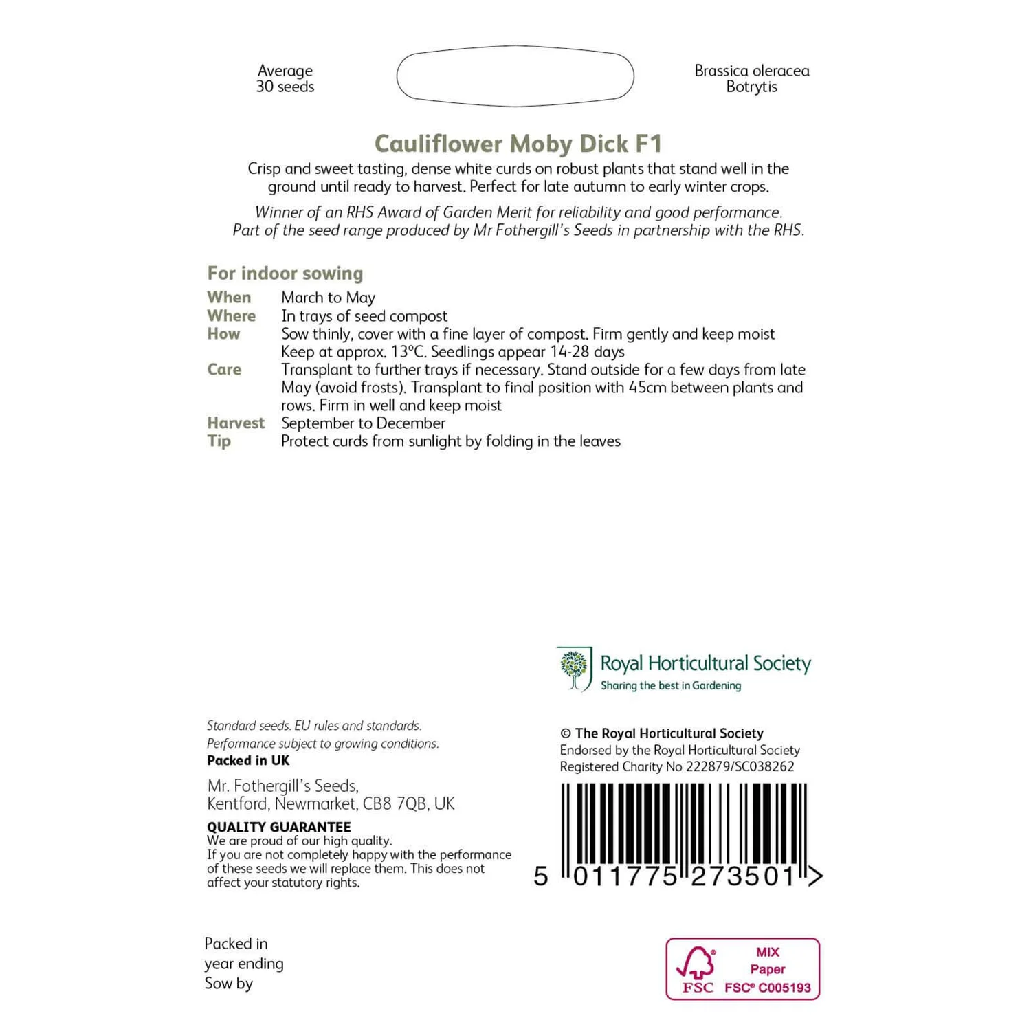 RHS Cauliflower Moby Dick F1 Seeds 2 RHS Cauliflower Moby Dick F1 Seeds - Image 2