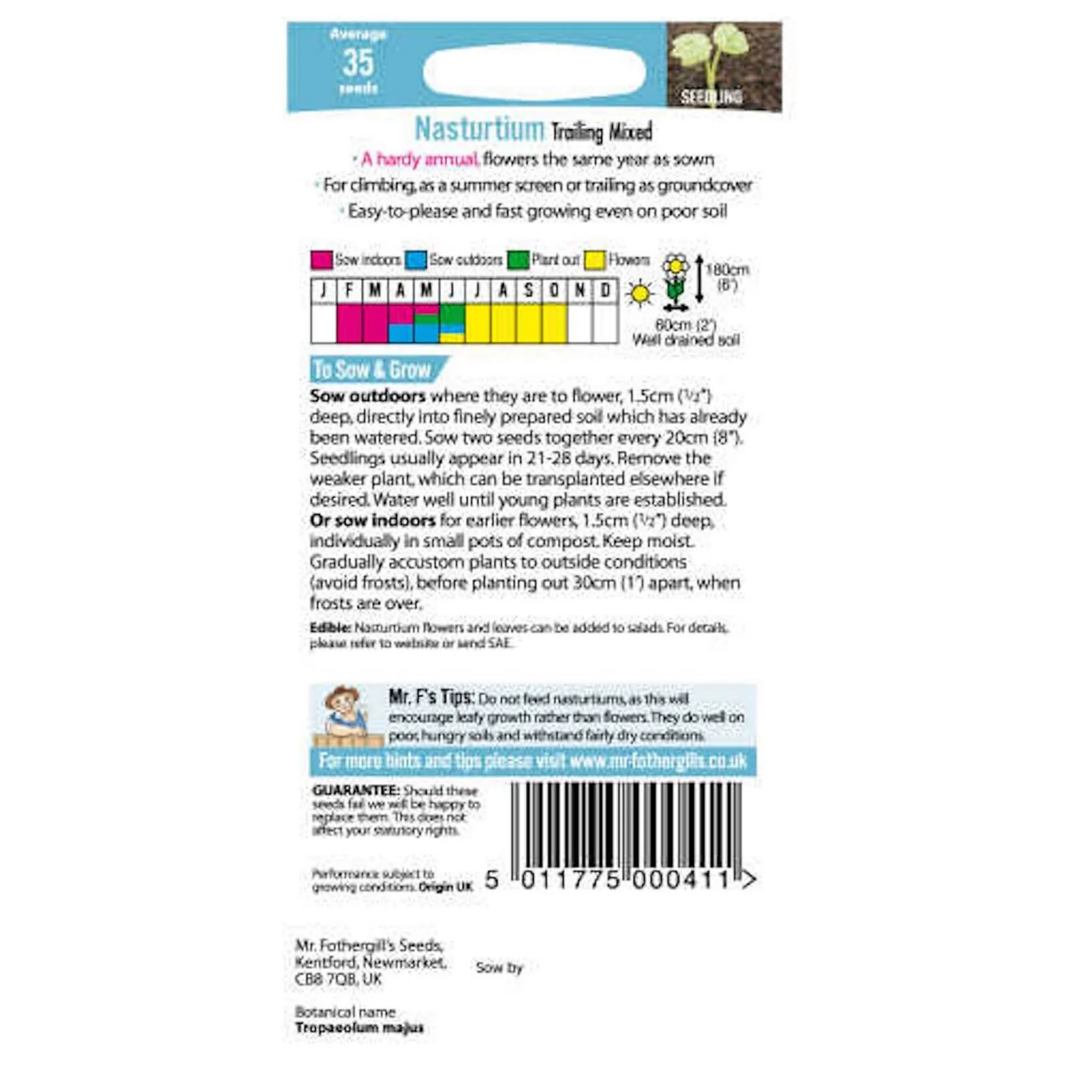 Mr. Fothergill's Nasturtium Trailing Mixed (Tropaeolum Majus) Seeds 2 Mr. Fothergill's Nasturtium Trailing Mixed (Tropaeolum Majus) Seeds - Image 2