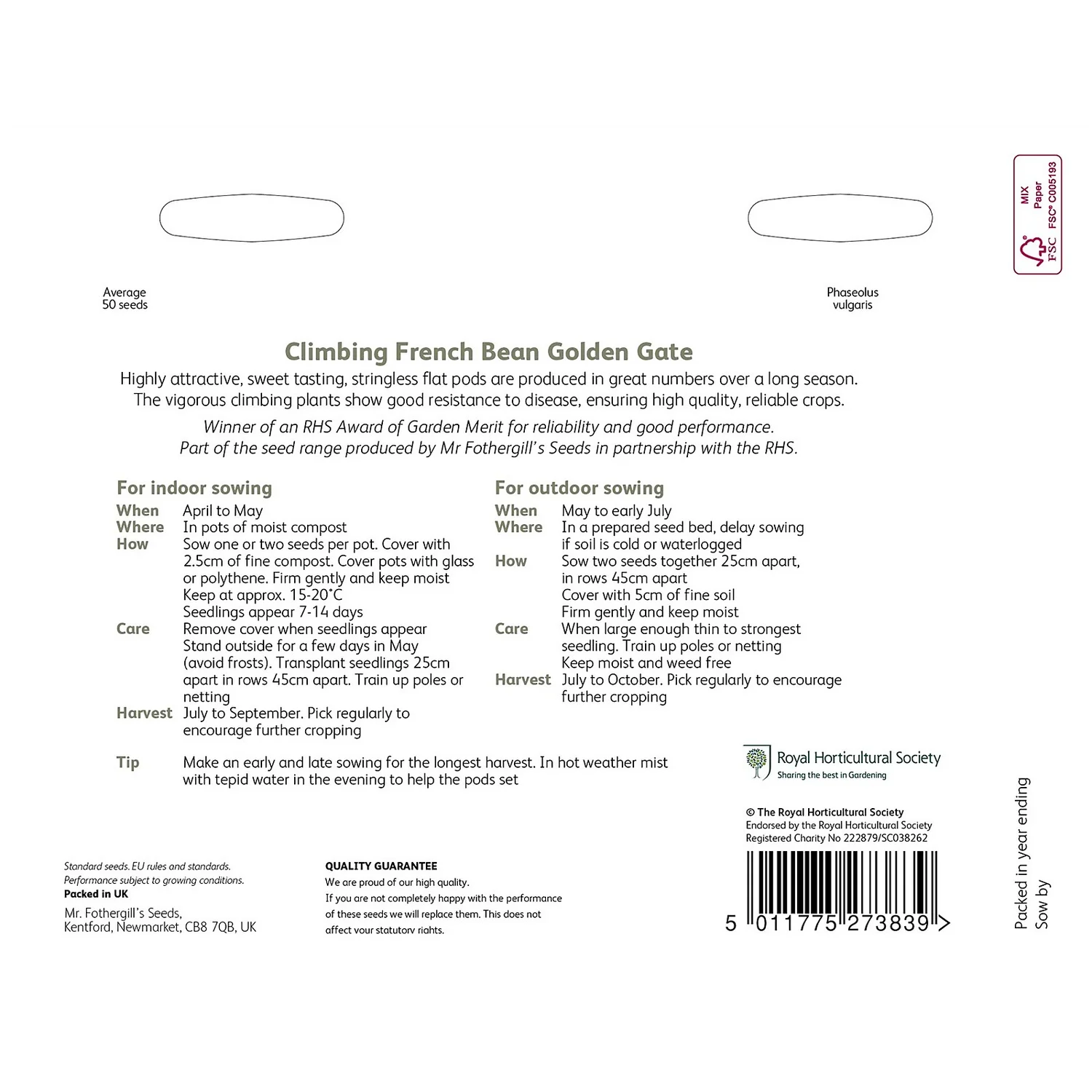 RHS Climbing French Bean Golden Gate Seeds 2 RHS Climbing French Bean Golden Gate Seeds - Image 2