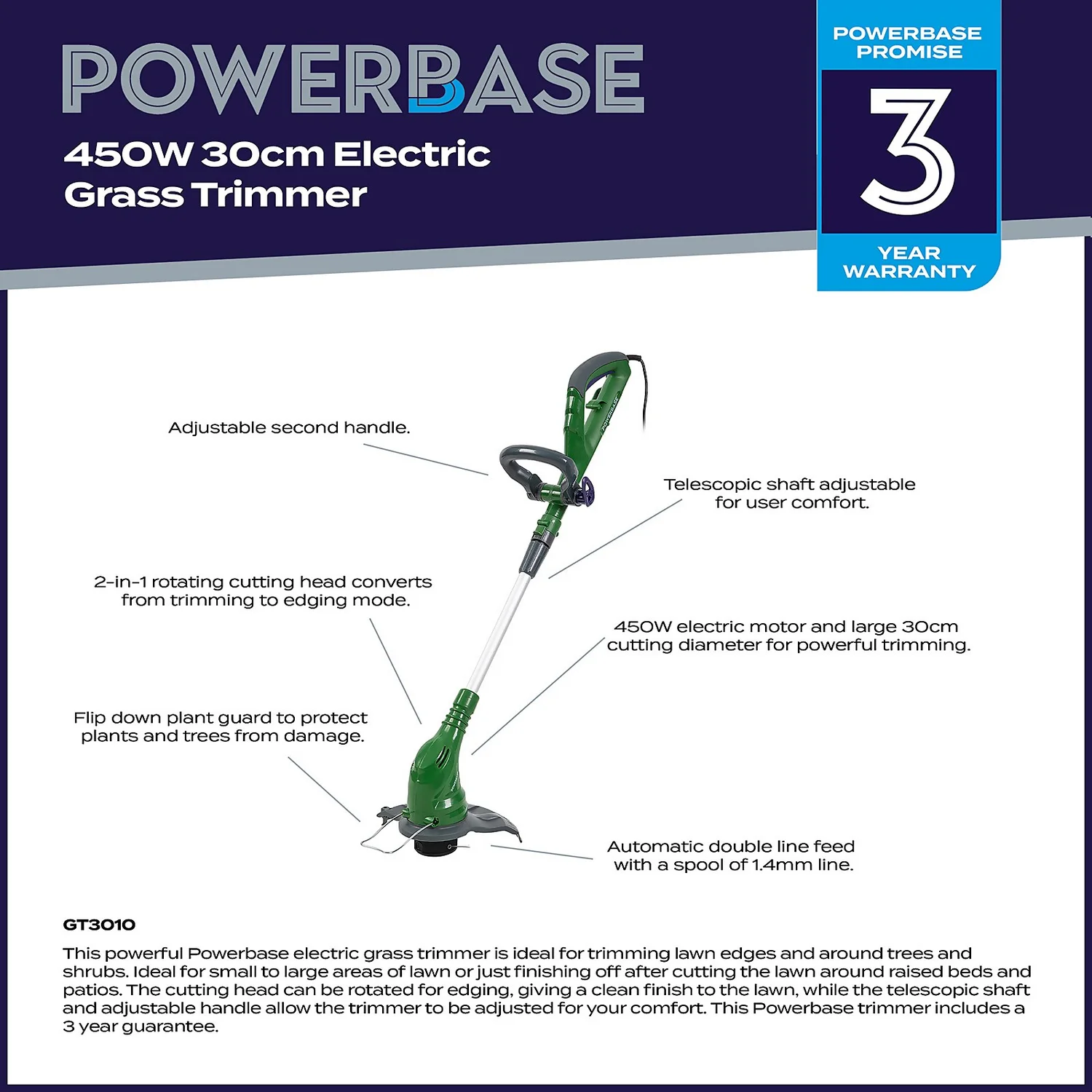Powerbase 450W Electric Grass Trimmer - 30cm 2 Powerbase 450W Electric Grass Trimmer - 30cm - Image 2