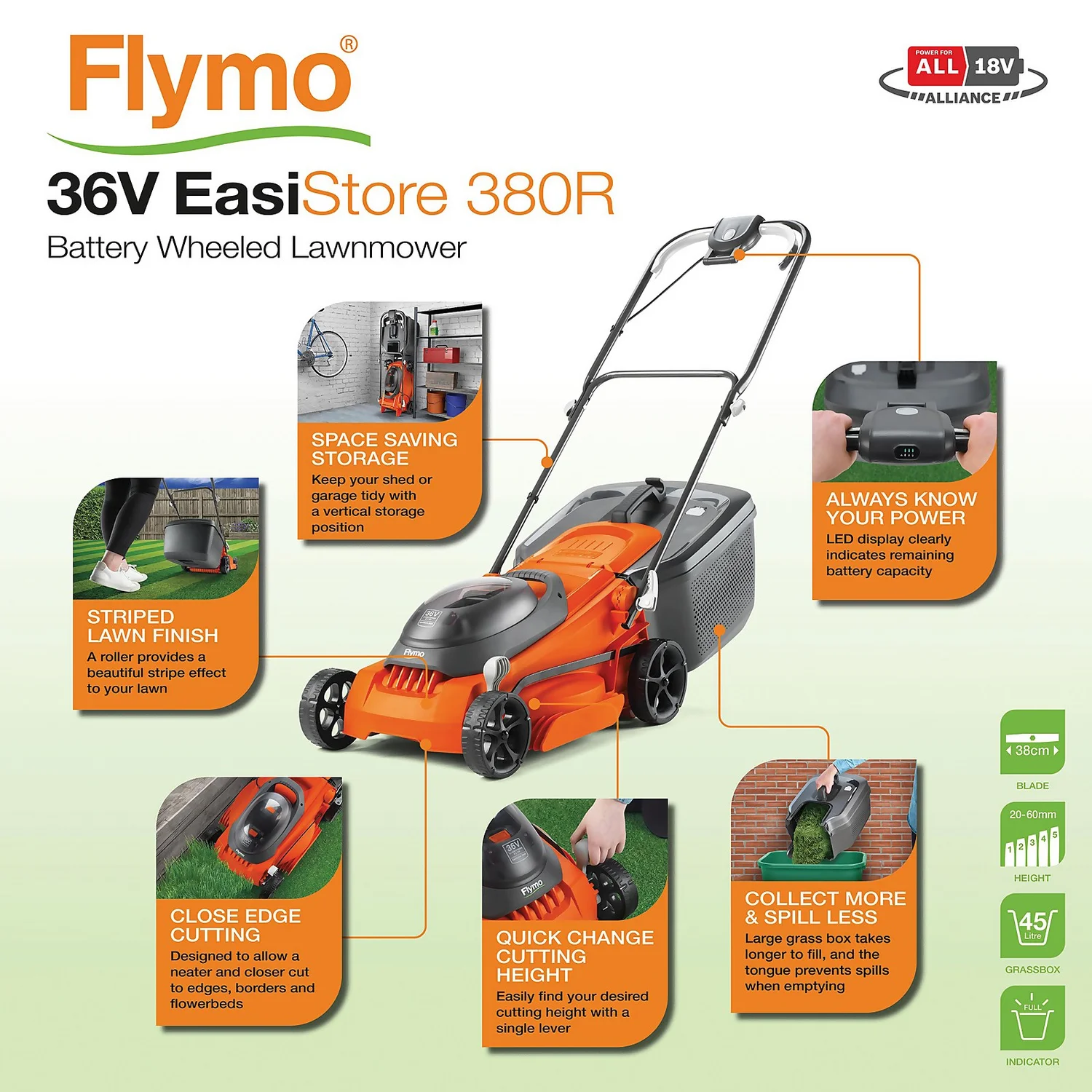 Flymo 36V EasiStore 380 Cordless Lawn Mower - 38cm 2 Flymo 36V EasiStore 380 Cordless Lawn Mower - 38cm - Image 2